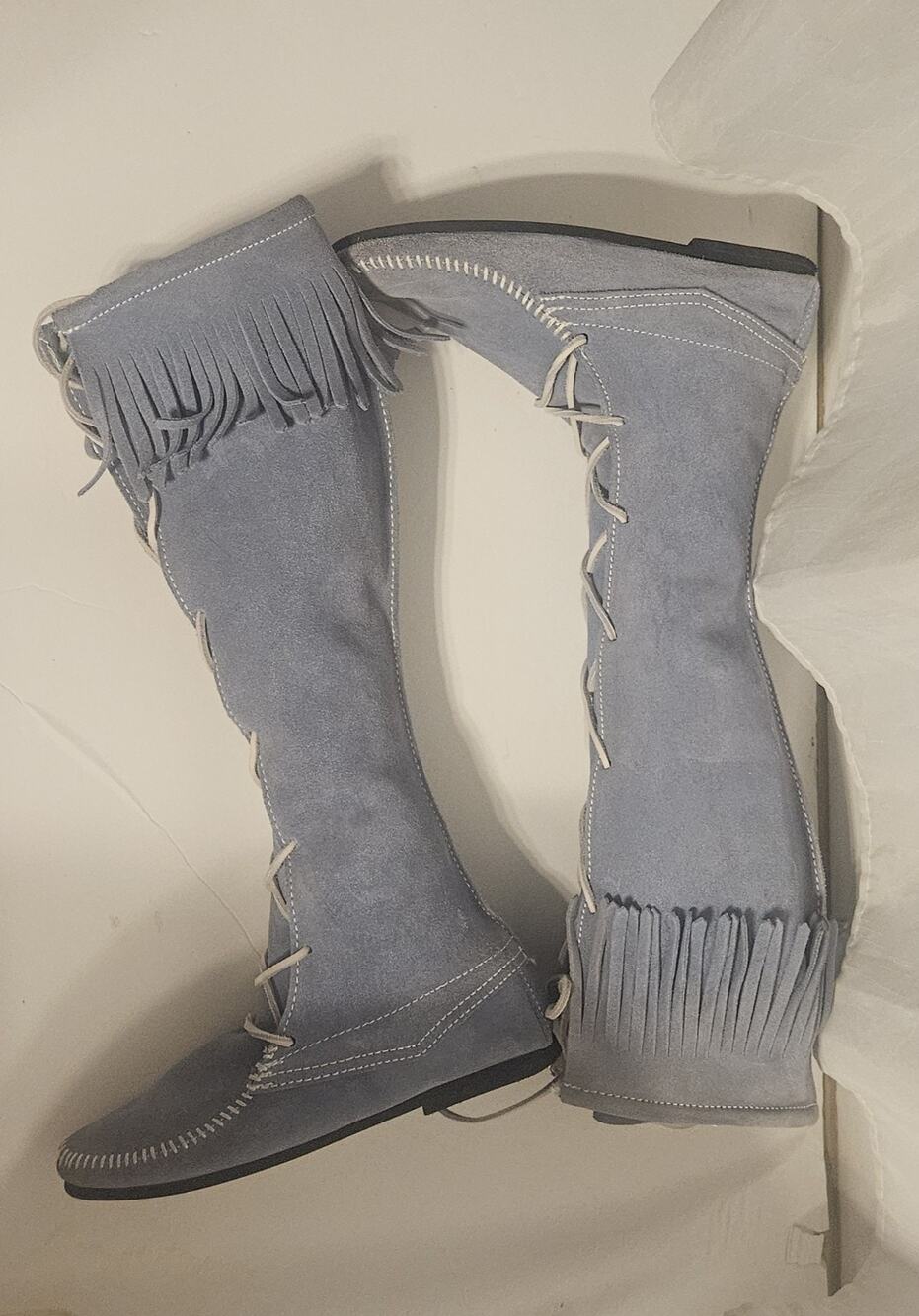 Minnetonka Knee High Lace Up Boots 7 Powder Blue Suede Moccasin Fringe Boho EUC